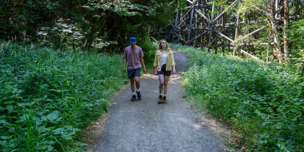 couple walking down a wooded trail