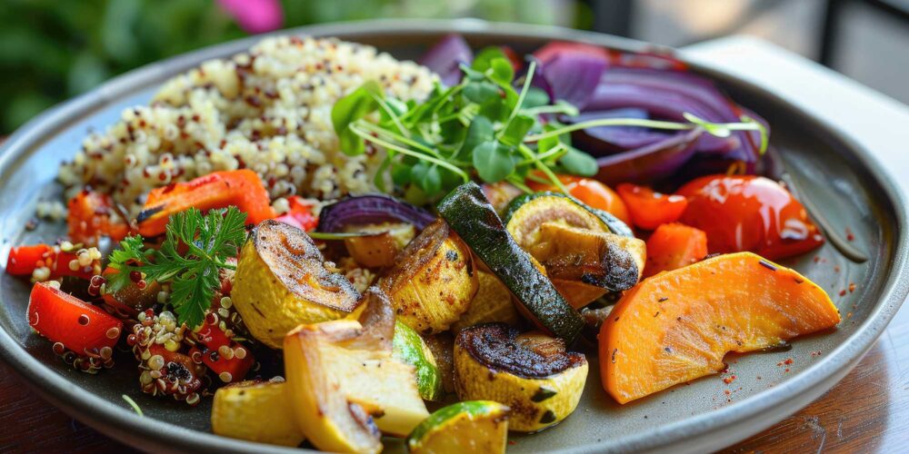 a plate of roasted vegetables and quinoa